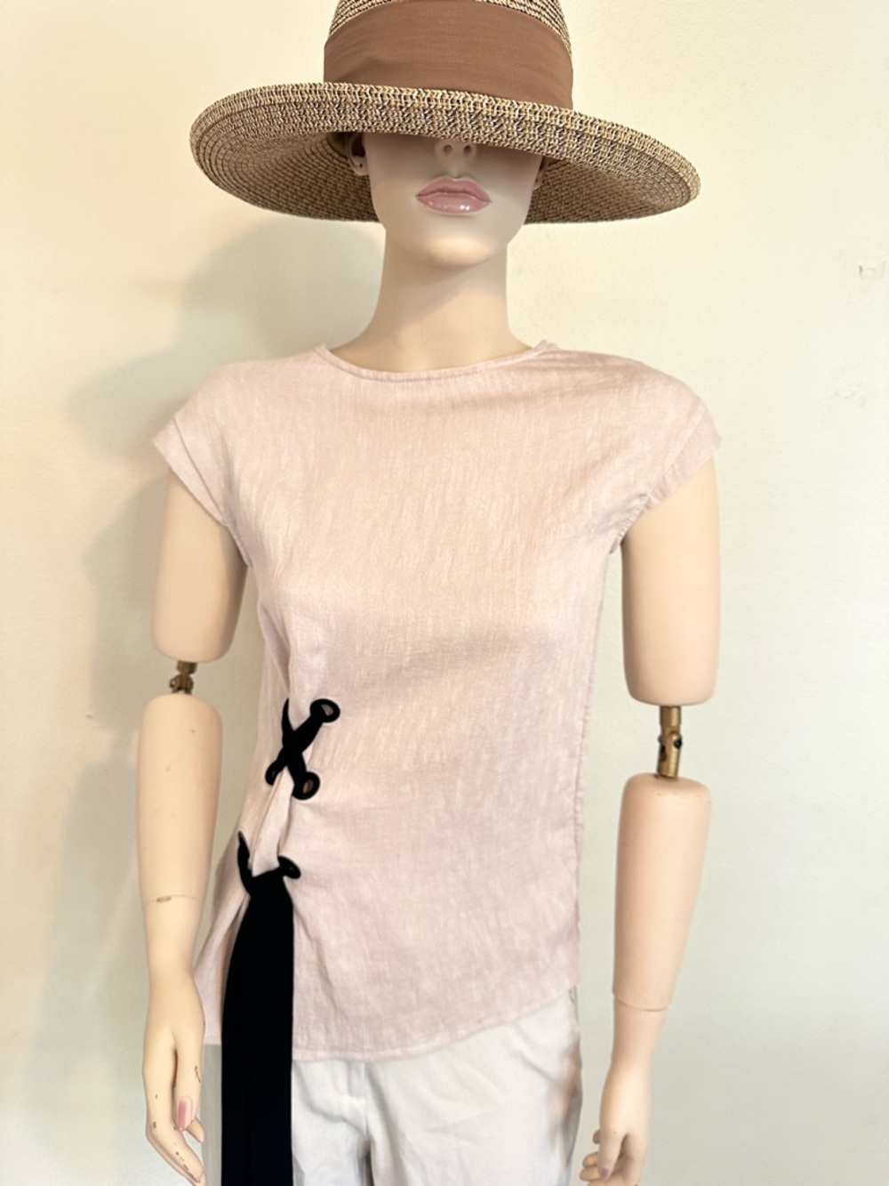Zara Sand Beige Short Sleeve Top with Side Lace-Up Ribbon Detail